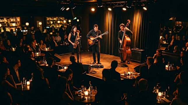 Live jazz band performance in dimly lit intimate club setting
