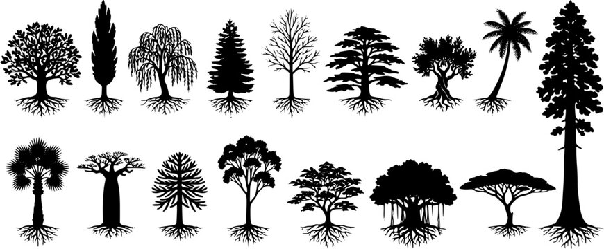 Set of diverse tree silhouettes with visible root systems isolated on a white background