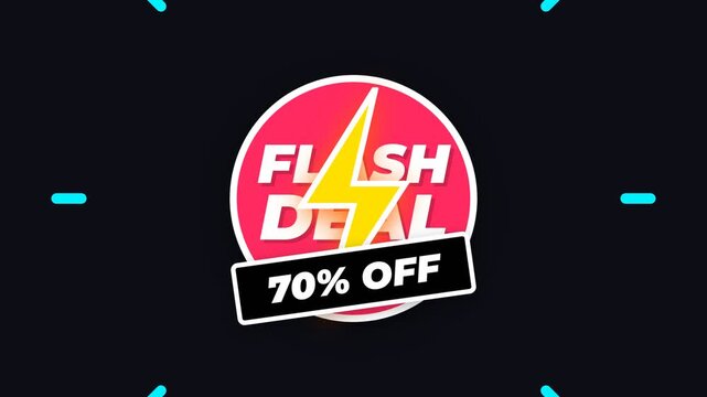 Dynamic Flash Sale Animation with 70% Off Discount, Pulsating Neon Lightning Bolt and Circular Countdown Timer, symbolizing urgency, savings, and limited-time offers for e-commerce promotions.