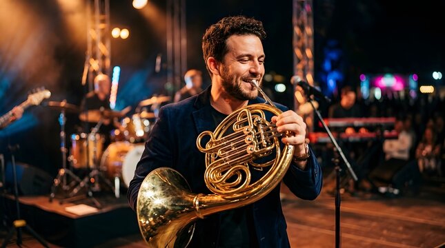 Musician playing trumpet live on stage performance