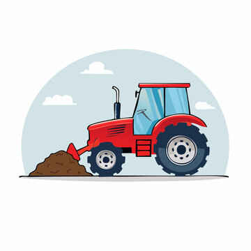 Red tractor with front loader moving dirt