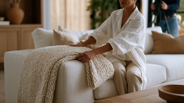 Living room minimal interior during staging for real estate listing, professional stager placing single textured throw across armrest of low-profile sofa, camera assistant visible in background, aft