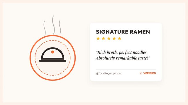 Animated food review graphic featuring a steaming ramen bowl icon and a verified customer review card with star ratings, symbolizing culinary excellence and customer satisfaction for restaurant.
