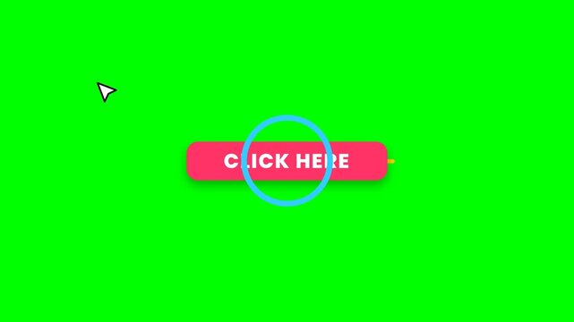 Animated Click Here Button with Cursor and Loading Circle on Green Screen Background, Representing User Interaction, Call to Action, and Digital Engagement.