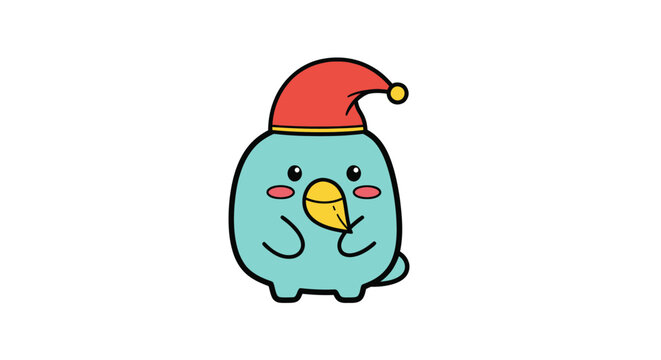 Cute cartoon blue bird wearing Santa hat.