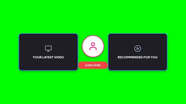 Dynamic animated end screen with subscribe button, latest video thumbnail, and recommended video thumbnail on a vibrant green screen background, symbolizing engagement, content promotion.
