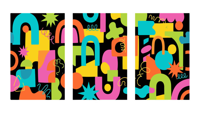 Abstract seamless pattern set with colorful geometric shapes and doodle elements on a black background