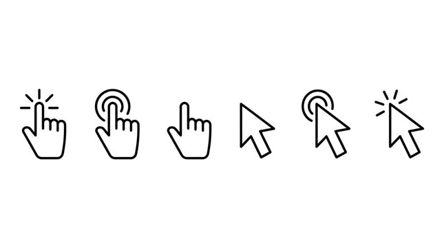 Collection of Hand Cursor and Mouse Pointer Icons on a White Background, representing digital interaction and navigation
