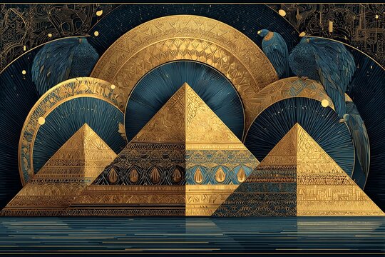 Golden geometric pyramids with rich patterns.