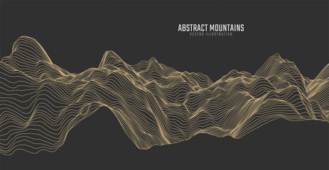 Contour mountain landscape. Waved line art. Abstract minimal topographic map. Contour lines with elevations and terrain depth. Vector illustration. © Igor