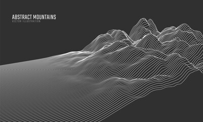 Naklejka na ściany i meble Contour mountain landscape. Waved line art. Abstract minimal topographic map. Contour lines with elevations and terrain depth. Vector illustration.