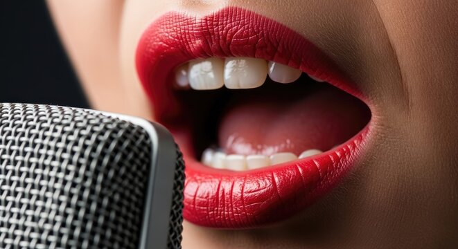  Close-Up of Lips with Pink Lipstick Near Microphone