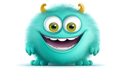 Naklejka premium Cheerful fluffy teal monster with big yellow eyes and horns smiling broadly.