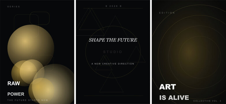 Set of three modern minimalist posters with geometric shapes and typography