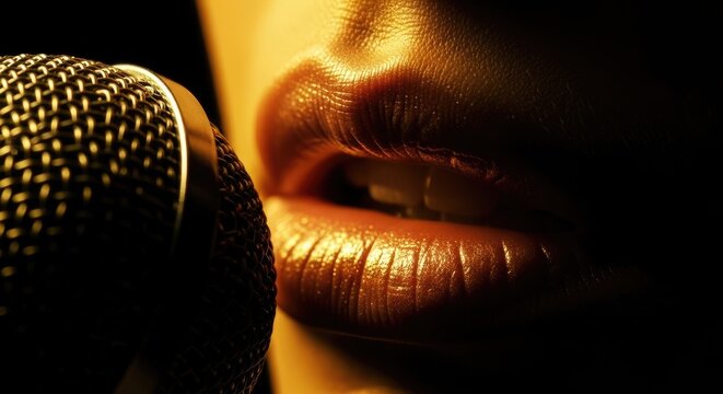  Close-Up of Lips with Pink Lipstick Near Microphone