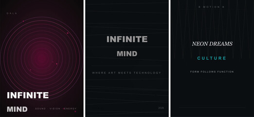Abstract futuristic digital art posters with neon circles and typography © Rizwan