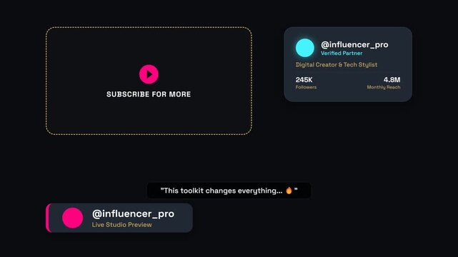 Dynamic digital creator kit interface with social media analytics, follower count, and subscribe button animation, symbolizing online influence, content creation, and audience engagement for digital.