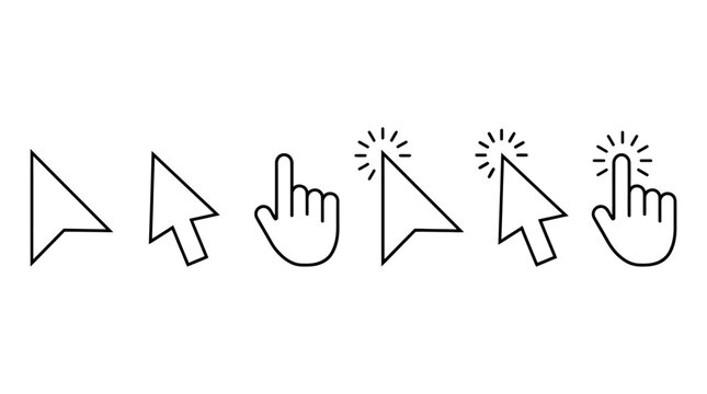Outline vector cursor icons set, displaying various mouse pointer states, hand clicks, and interactive click effect animations for UI design