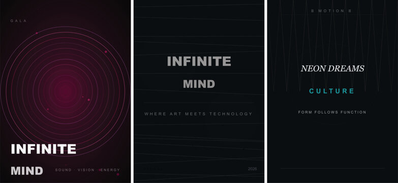 Abstract futuristic digital art posters with neon circles and typography