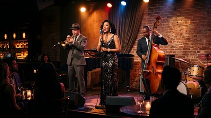 Fototapeta premium Live Jazz Performance Singer Musician Playing Instrument On Stage