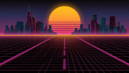 Futuristic cityscape with vibrant sunset and neon grid, retro cyberpunk style © Ega Cg