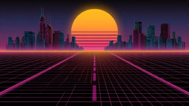 Futuristic cityscape with vibrant sunset and neon grid, retro cyberpunk style