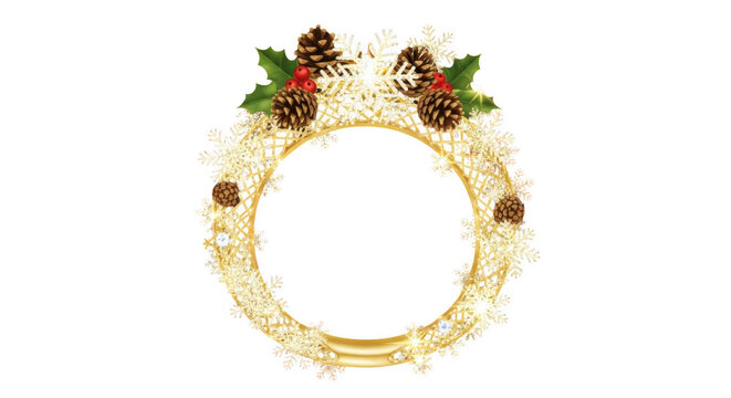 Decorative christmas wreath frame made of golden snowflakes, pine cones, and green holly leaves with red berries isolated on a black background