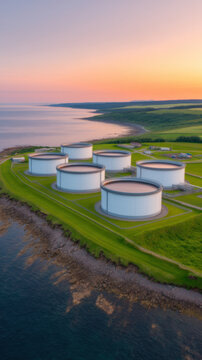 Green hydrogen economy aerial fuel storage tank coastal energy terminal at sunset beside calm sea and farmland with pastel sky and shoreline