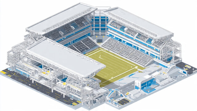 Detailed 3D illustration of modern stadium with seating, field, and structural design