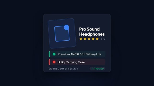 Animated product review interface displaying 'Pro Sound Headphones' with star ratings, feature highlights, and 'Trusted' verification, symbolizing consumer confidence and product quality assessment.