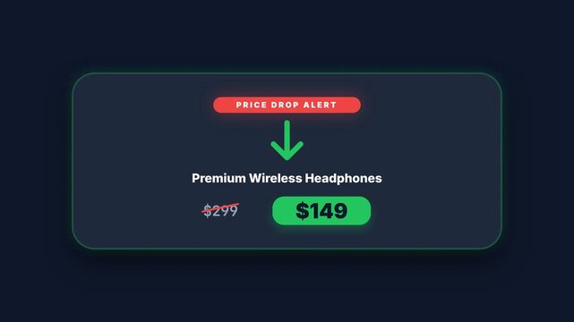 Dynamic Price Drop Alert Animation for Premium Wireless Headphones, Showcasing Discounted Price from $299 to $149, Representing Savings and Value.