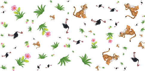 Fototapeta premium Floral animal pattern with tigers ostriches and plants on white background