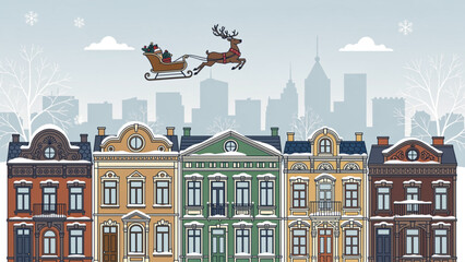 Festive cityscape with colorful historic buildings and a flying reindeer sleigh scene © Badrul Cc