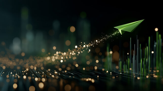 Green paper airplane soaring through digital landscape with glowing lights and bar graph suggesting growth and innovation.