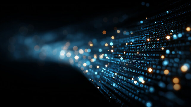 Abstract Digital Stream: A mesmerizing abstract digital stream flows with glowing blue and golden particles against a dark background, suggesting data transfer, technology, or futuristic concepts.