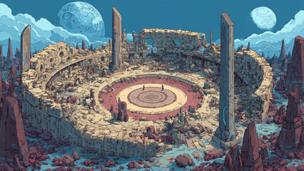 Ancient circular stone arena with towering monoliths under a full moon at night © Teguh Jh