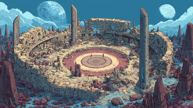 Ancient circular stone arena with towering monoliths under a full moon at night
