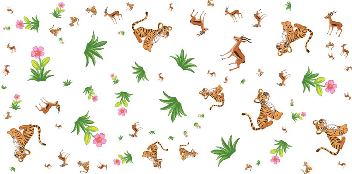 Tiger antelope and floral pattern on a white background