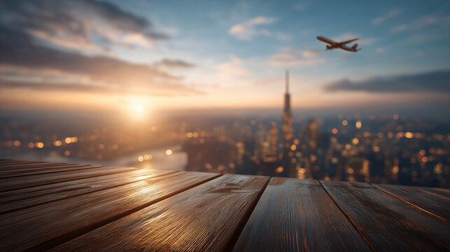 Skyscraper Cityscape at Dusk: An airplane flies over a sprawling city skyline at sunset, with lights twinkling and a wooden deck in the foreground, creating a scene of urban exploration and wonder.