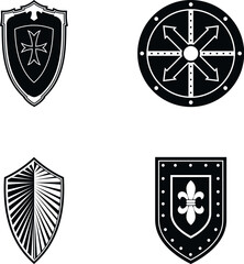 Four black and white shield icons representing protection and heritage © juliars
