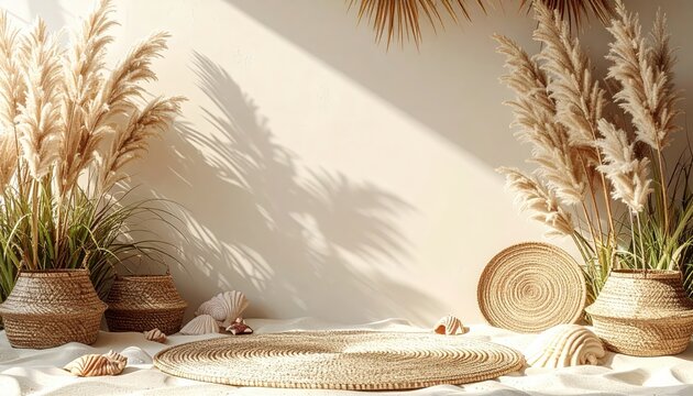 Father's Day Boho Beach Frame Background with Dried Pampas Grass and White Clay Vases. Elegant Minimalist Aesthetic Neutral Earth Tones Studio Backdrop for Product Display