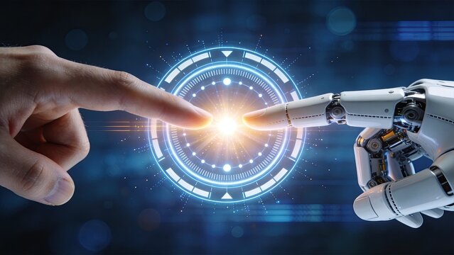 Human finger touching robotic finger with glowing light, human robot interaction, artificial intelligence future, cyborg connection, technology evolution, machine learning,