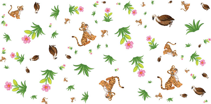 Floral pattern with tigers birds and turtles vector illustration