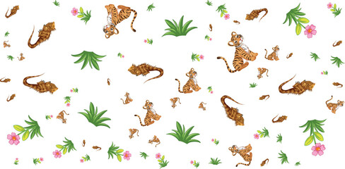 Obraz premium Tiger and floral pattern with green leaves on white background