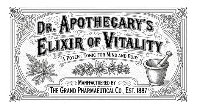 Vintage label illustration of Dr. Apothecary's Elixir bottle with herbs and mortar