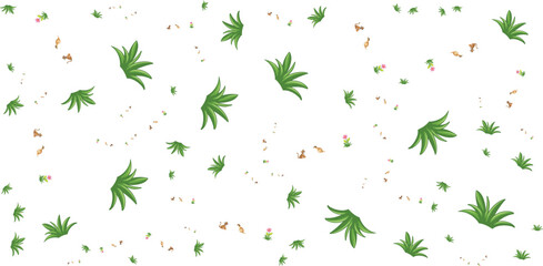 Floral ornament with green leaves and scattered flower petals white background © SBD