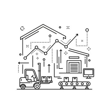 A forklift transports goods into a house with industrial graphs and charts.