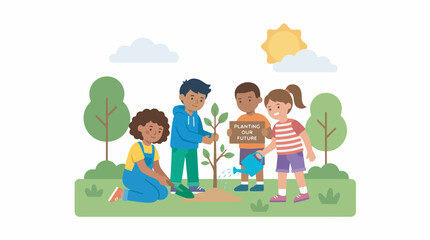 Fototapeta premium Diverse group of children planting a tree together in a park, symbolizing environmental care and future growth.