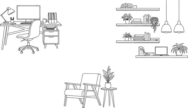 Home office furniture objects set with computer desk rolling chair wall shelves armchair side table lamp vector sketch