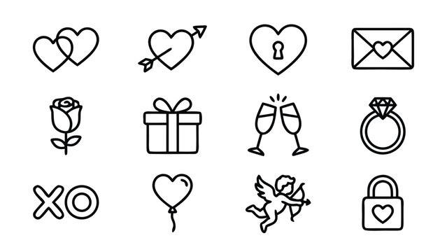 Set of 12 Minimalist Valentine's Day and Romance Line Icons Featuring Hearts, Cupid, Rose, Diamond Ring, Gift Box, Champagne Glasses, and Love Letter for Wedding and Anniversary Vector Design